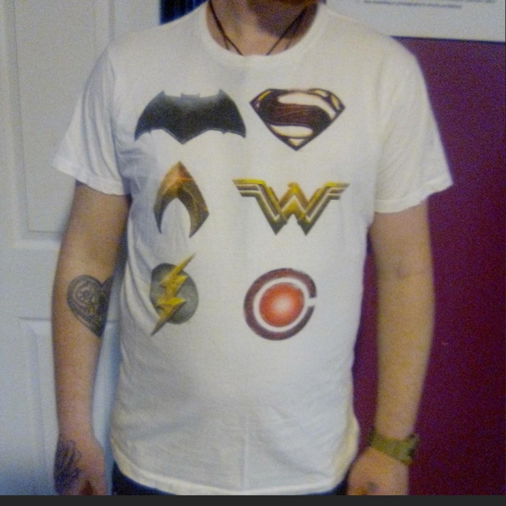 DC Justice League Comics White Short Sleeve Tee with Superhero Logos